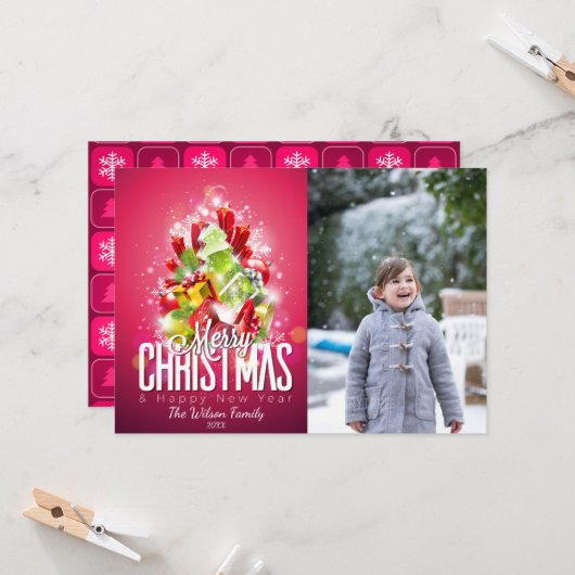 Huidige kerstboom en foto's met cadeaus kaart (Voorkant / Achterkant in situ)