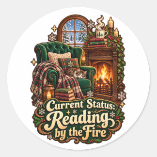Huidige status lezen bij het haardvuur winter ronde sticker
