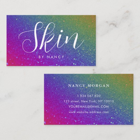 Huidverzorging Typografie Rainbow Glitter Visitekaartje (Voorkant / Achterkant)