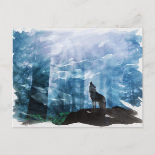 Huilen tegen de maan Wolf in de nacht Waterverf Briefkaart