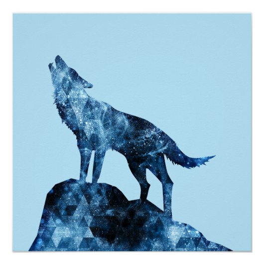 Huilend Wolf blauw sprankelend rook silhouet blauw Perfect Poster (Voorkant)