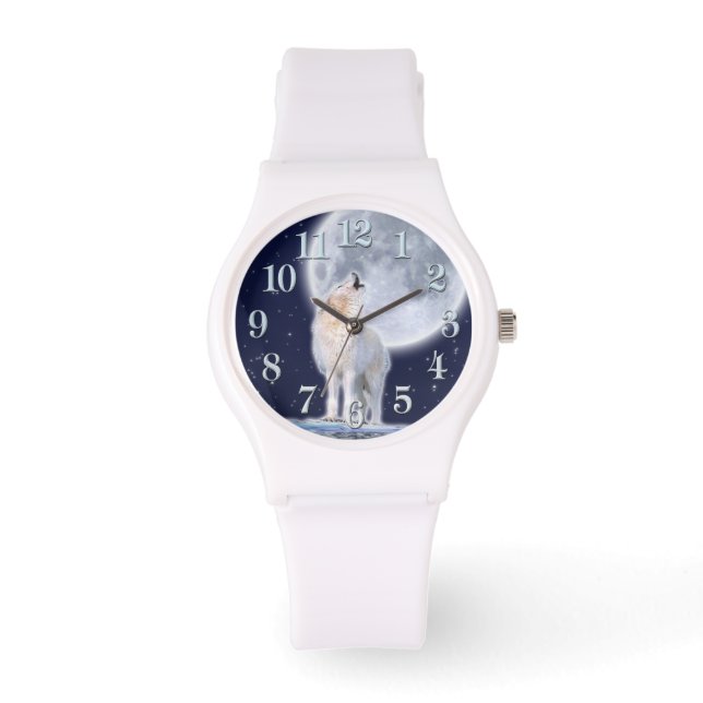 Huilende Arctische Wolf & Maan Wildlife Design Horloge (Voorkant)