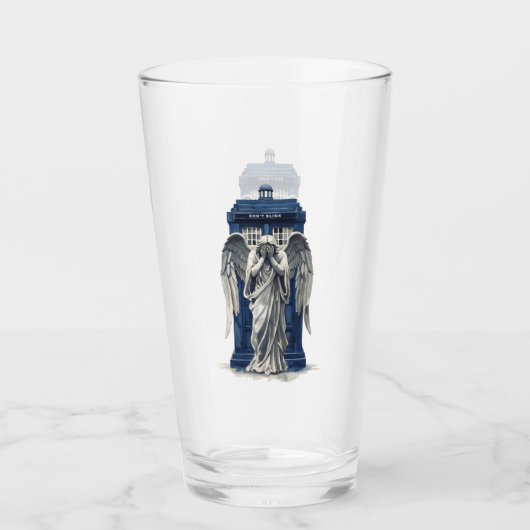 Huilende engel met blauwe politie box 1 glas (Voorkant)