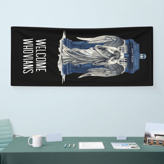 Huilende engel met blauwe politie box 1 spandoek (Beurs)