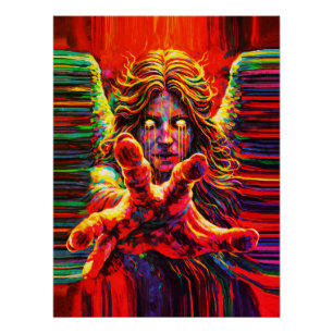 Huilende engel neon multikleur impasto olieverfsch perfect poster