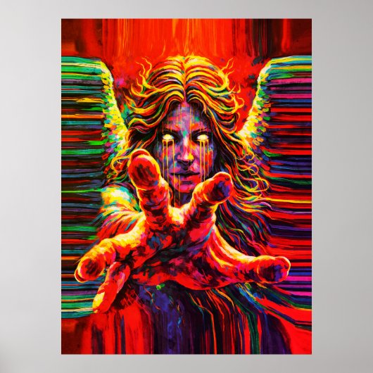 Huilende engel neon multikleur impasto olieverfsch poster (Voorkant)