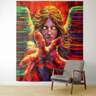 Huilende engel neon multikleur impasto olieverfsch wandkleed