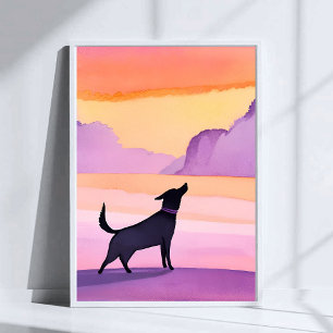 Huilende hond   Zwarte hond watercolor silhouet ku Poster