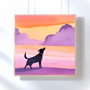 Huilende hond Zwarte hond watercolor silhouet Poster