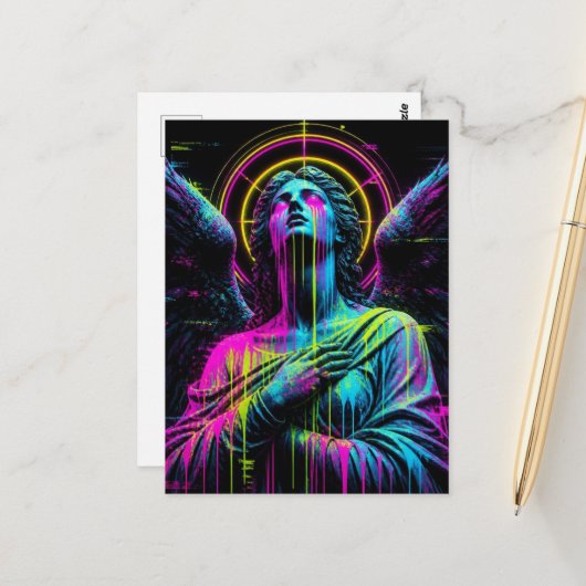 Huilende Neon Engel Briefkaart (Voorkant / Achterkant in situ)