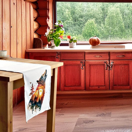 Huilende wolf dubbele blootstelling zonsondergang korte tafelloper