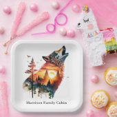 Huilende wolf dubbele blootstelling zonsondergang  papieren bordje (Feest)