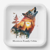 Huilende wolf dubbele blootstelling zonsondergang  papieren bordje (Voorkant)