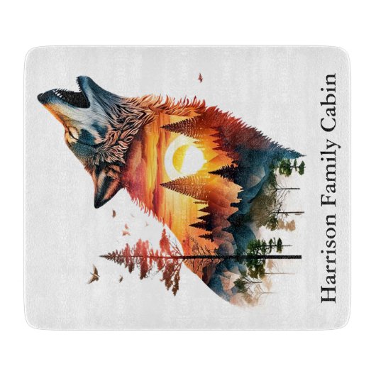 Huilende wolf dubbele blootstelling zonsondergang  snijplank (Voorkant)