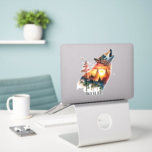 Huilende wolf dubbele blootstelling zonsondergang  sticker (Laptop op bureau)