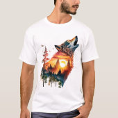 Huilende wolf dubbele blootstelling zonsondergang t-shirt (Voorkant)