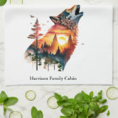 Huilende wolf dubbele blootstelling zonsondergang theedoek (Gevouwen)