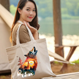Huilende wolf dubbele blootstelling zonsondergang tote bag