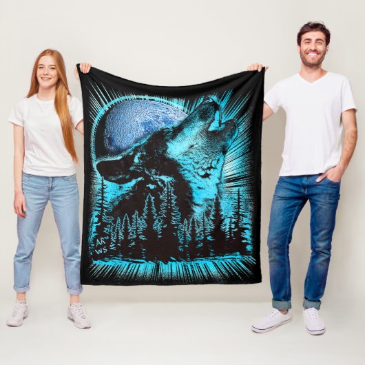 Huilende Wolf Maan Pijnboom Bos Kunst Fleece Deken (In situ)