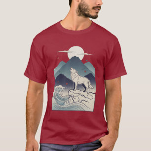 Huilende Wolf Maanverlichte Berg Houtblok T-shirt