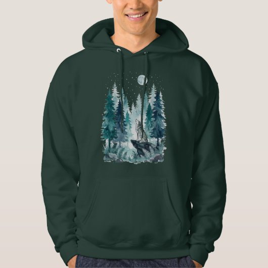 Huilende Wolf Maanverlichte Bos Hoodie (Voorkant)