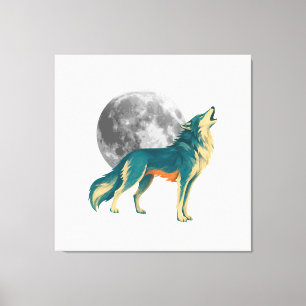 Huilende Wolf met Volle Maan Kleurig Canvas Kunst
