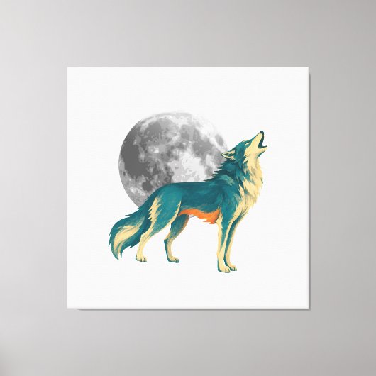 Huilende Wolf met Volle Maan Kleurig Canvas Kunst (Voorkant)