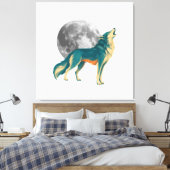 Huilende Wolf met Volle Maan Kleurig Canvas Kunst (Insitu (Slaapkamer))