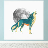 Huilende Wolf met Volle Maan Kleurig Canvas Kunst (Insitu (Houten vloer))