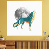 Huilende Wolf met Volle Maan Kleurig Canvas Kunst (Insitu (Woonkamer))