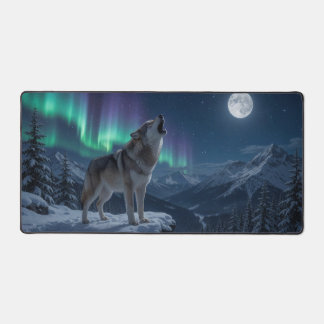 Huilende wolf met volle maan, noorderlicht bureaumat