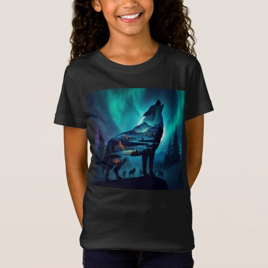 Huilende Wolf Silhouet Auror Borealis T-shirt (Voorkant)