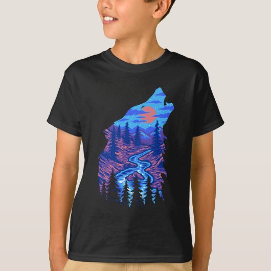 Huilende Wolf Silhouet Bos Rivier Landschap T-shirt (Voorkant)