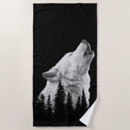 Huilende Wolf Strandhanddoek – Zwarte en Witte Bos Strandlaken
