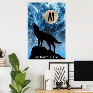 Huilende Wolf volle maan blauw zwart Aangepast Mon Poster