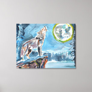 Huilende Wolf Volle Maan Canvas Afdruk