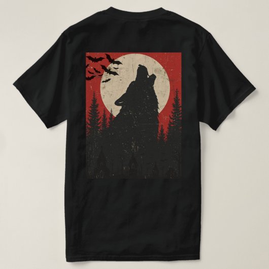 Huilende Wolf Volle Maan Retro Horror Print T-shirt (Design achterkant)