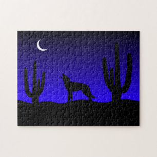 Huilende Wolf Woestijn Nacht Silhouet Legpuzzel