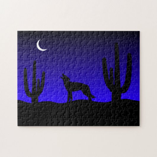 Huilende Wolf Woestijn Nacht Silhouet Legpuzzel (Horizontaal)
