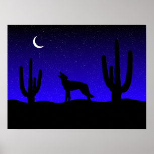 Huilende Wolf Woestijn Nacht Silhouet Poster