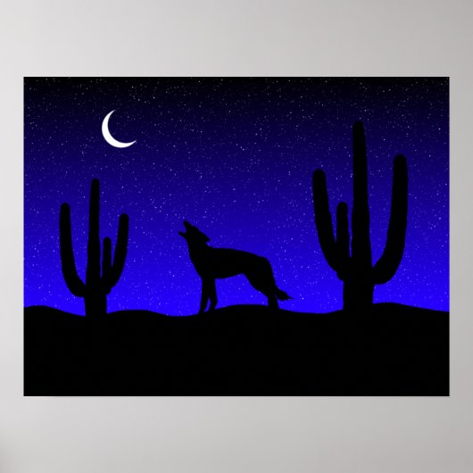 Huilende Wolf Woestijn Nacht Silhouet Poster (Voorkant)