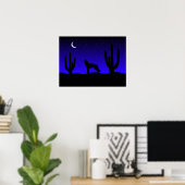 Huilende Wolf Woestijn Nacht Silhouet Poster (Thuiskantoor)