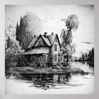  Huis aan de rivier: een Serene Scene in Draw Poster