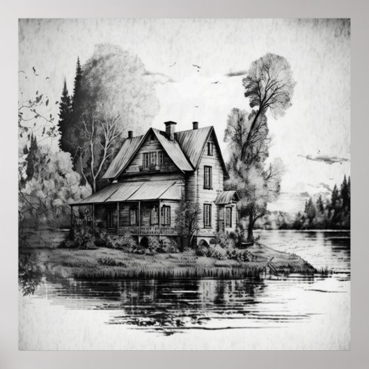  Huis aan de rivier: een Serene Scene in Draw Poster (Voorkant)