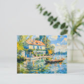 Huis aan het meer met boot feestdagenkaart (Staand voorkant)