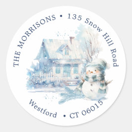 Huis Blauw Sneeuwman Kerst retour adres label