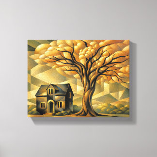 Huis en Boom in Art Deco Canvas Afdruk