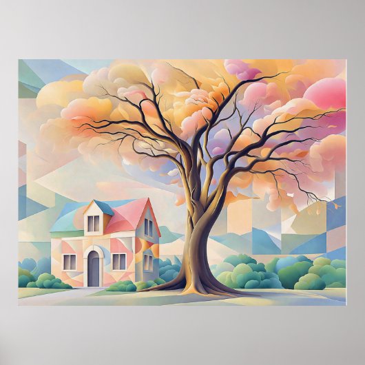 Huis en Boom in Art Deco Pastels Poster (Voorkant)
