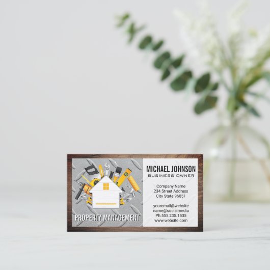 Huis en gereedschap Logo | Staal en hout Visitekaartje (Staand voorkant)