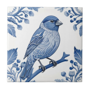 Huis Finch Delfts Blauw en Witte Bloemvogel Tegeltje